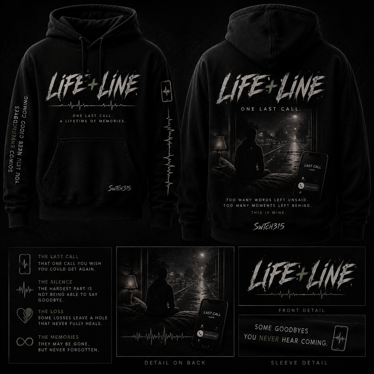 SWTCH315 Life+Line hoodie front, back, and detail views